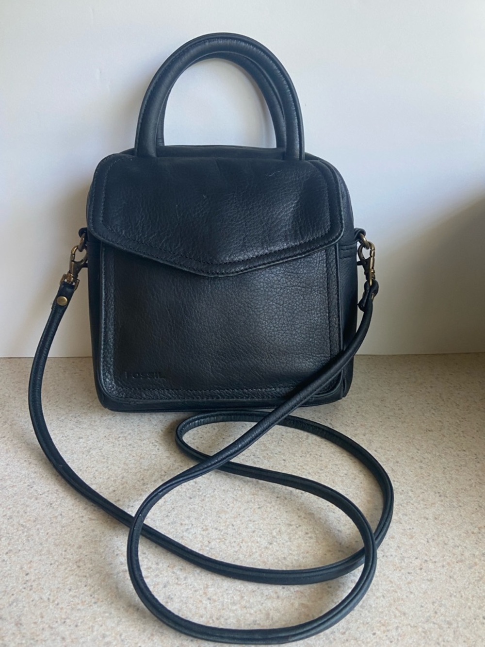 Vintage Fossil Black Leather Mini Satchel Crossbody Bag Organizer Y2K